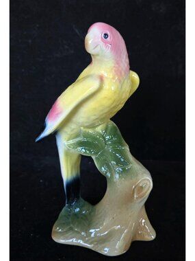 Vintage Ceramic Parrot Figurine Handpainted Yellow Pink Brazil 8"